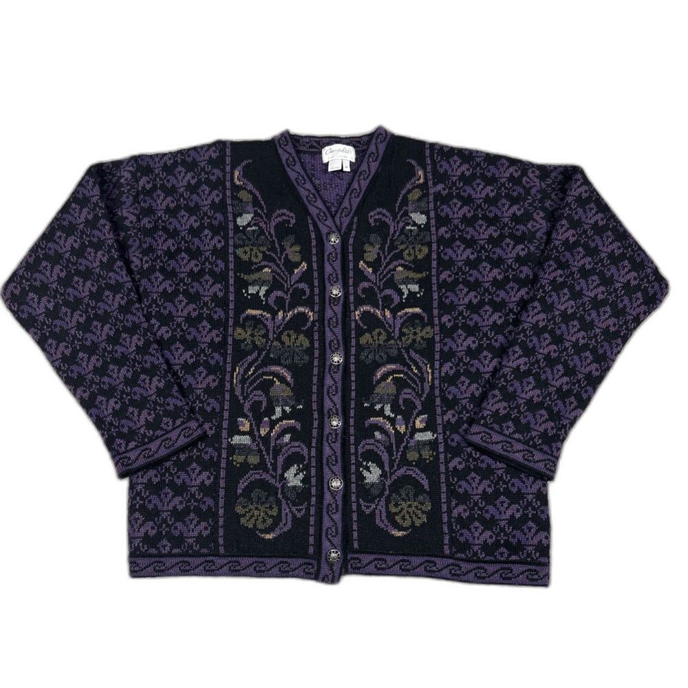 Cherry Lewis Sweater Womens Medium Purple Wool Floral Tapestry Cardigan England